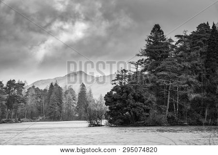 Beautiful Evening Landscape Image Of Tarn Hows In Uk Lake District During Spring In Black And White