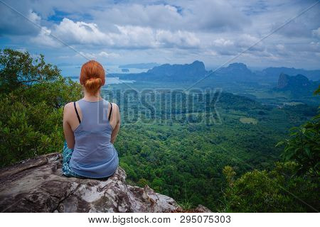 Happy Hiker With Her Arms Outstretched, Freedom And Happiness, Achievement In Mountains. Thailand, V