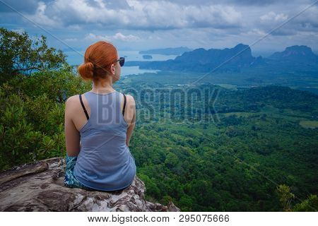 Happy Hiker With Her Arms Outstretched, Freedom And Happiness, Achievement In Mountains. Thailand, V