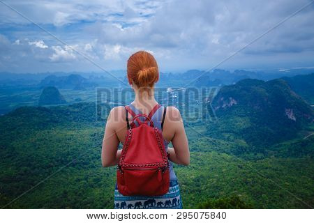 Happy Hiker With Her Arms Outstretched, Freedom And Happiness, Achievement In Mountains. Thailand, V
