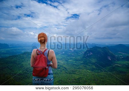 Happy Hiker With Her Arms Outstretched, Freedom And Happiness, Achievement In Mountains. Thailand, V