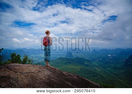 Happy Hiker With Her Arms Outstretched, Freedom And Happiness, Achievement In Mountains. Thailand, V