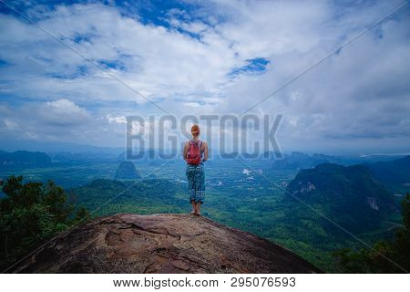 Happy Hiker With Her Arms Outstretched, Freedom And Happiness, Achievement In Mountains. Thailand, V
