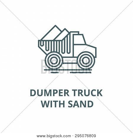 Dumper Truck With Sand Line Icon, Vector. Dumper Truck With Sand Outline Sign, Concept Symbol, Flat 