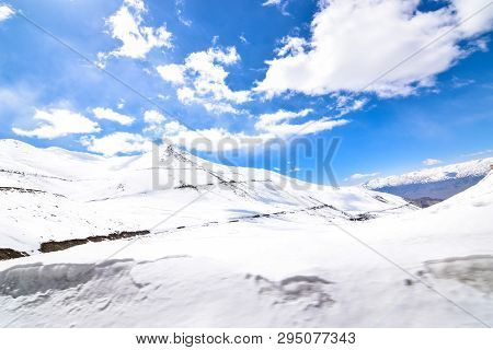 On The Road In Leh Ladakh Landscape.khardung La Pass.road On Snow Mountain  In Northern India.