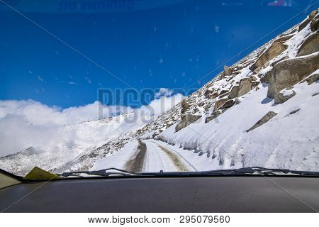 On The Road In Leh Ladakh Landscape.khardung La Pass.road On Snow Mountain  In Northern India.