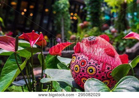 Cute Colorful Fish Statue And Red Anthurium Flowes ( Tailflower, Flamingo Flower, Laceleaf ) Decorat