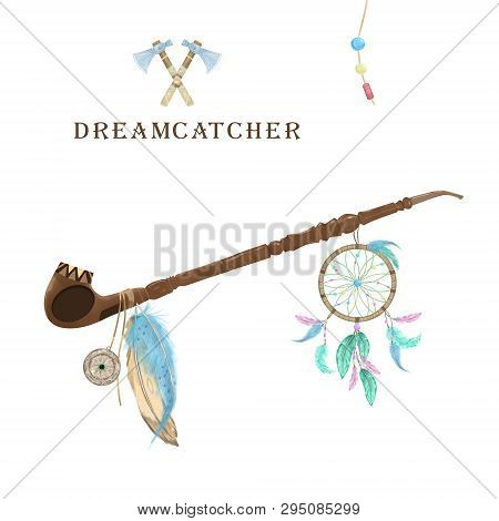 Pipe Of Peace With Dreamcatcher, Feathers And Amulet Digital Clip Art. Ceremonial Native American Pi