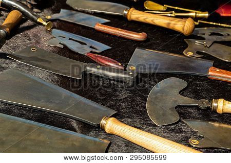 Set Of Meat Knives Culinary Ax Sharpened Wide Blade Choice For Every Taste On A Black Background Tra