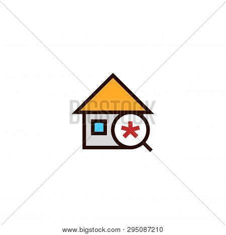 Search New House Icon. Home With Magnifying Glass And Asterisk Symbol. Simple Clean Thin Outline Sty
