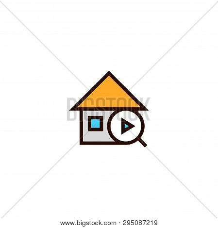 Next House Search Icon. Home With Magnifying Glass And Arrow Symbol. Simple Clean Thin Outline Style