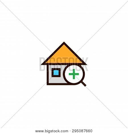 Add House Search Icon. Home With Magnifying Glass And Plus Symbol. Simple Clean Thin Outline Style D