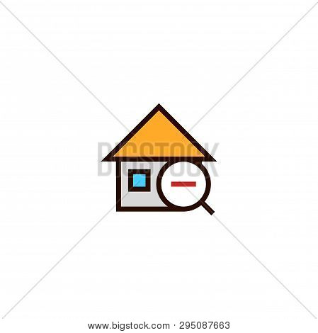Minus House Search Icon. Home With Magnifying Glass And Stripe Symbol. Simple Clean Thin Outline Sty