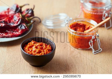 Roasted red pepper relish (Ajvar) in a small bowl
