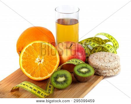 Apple, Orange, Kiwi With Measure Tape On White Background