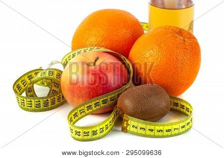 Apple, Orange, Kiwi With Measure Tape On White Background