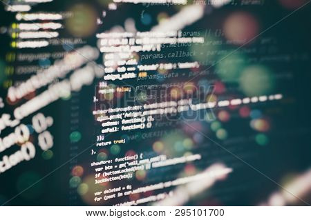 Css, Javascript And Html Usage. Monitor Closeup Of Function Source Code. Abstract It Technology Back