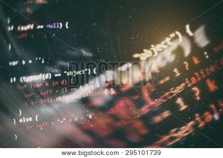 Css, Javascript And Html Usage. Monitor Closeup Of Function Source Code. Abstract It Technology Back