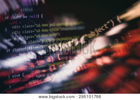 Css, Javascript And Html Usage. Monitor Closeup Of Function Source Code. Abstract It Technology Back