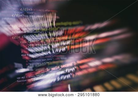 Css, Javascript And Html Usage. Monitor Closeup Of Function Source Code. Abstract It Technology Back