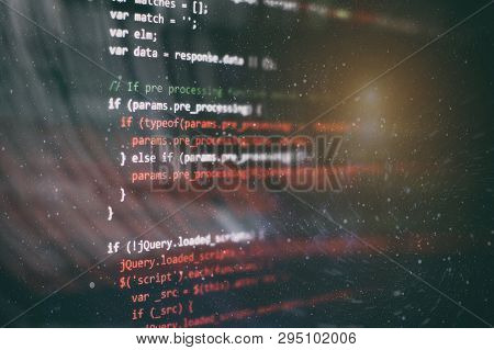 Css, Javascript And Html Usage. Monitor Closeup Of Function Source Code. Abstract It Technology Back