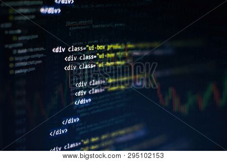 Css, Javascript And Html Usage. Monitor Closeup Of Function Source Code. Abstract It Technology Back