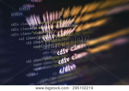 Css, Javascript And Html Usage. Monitor Closeup Of Function Source Code. Abstract It Technology Back