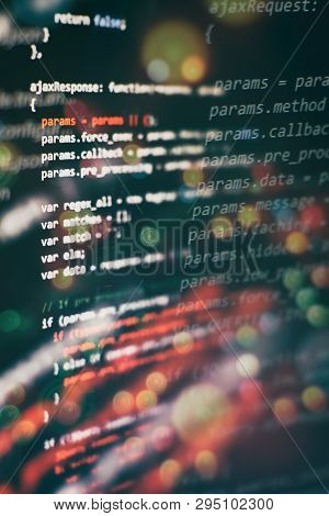 Css, Javascript And Html Usage. Monitor Closeup Of Function Source Code. Abstract It Technology Back