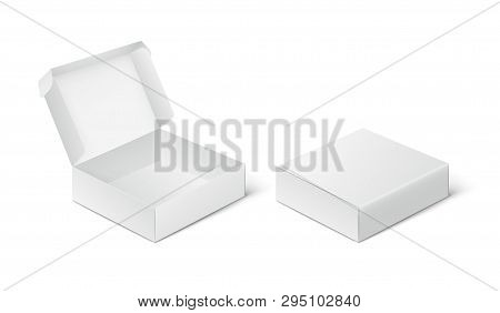 Two Empty Closed And Open Packing Boxes, Box Mockup On White Background.