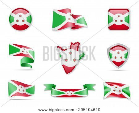 Burundi Flags Collection. Vector Illustration Set Flags And Outline Of The Country.