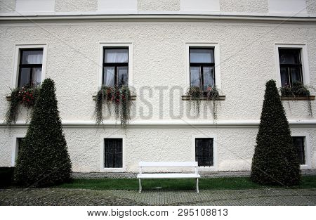 White Wall Of The Historical Building With Four Long Windows And Plants, Two Conus-shaped Bushes And