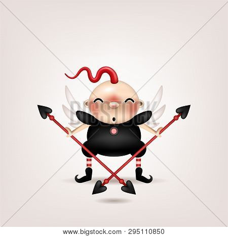 Greeting Card, Invitation. Funny Little Boy With Red Hair, Angel Wings And Spears In His Hands Posin