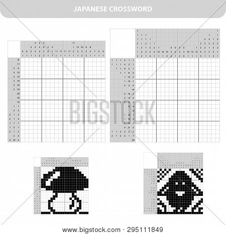 Education Puzzle Game For School Children. Mushroom And Bird. Black And White Japanese Crossword Wit