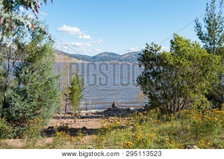 Nature Landscape With Water View And Eucalyptus Trees With Mountains, Hills In The Distance. Wyangal
