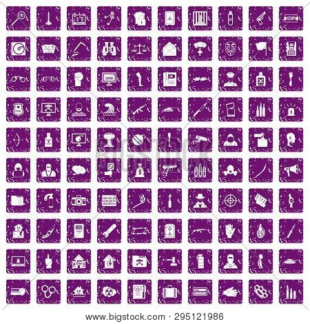 100 Violation Icons Set In Grunge Style Purple Color Isolated On White Background Illustration