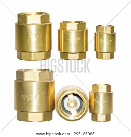 Check Valve Opper Fitting Of Metal, Isolate On White Background, A Set Of Six Pieces Of Different Si