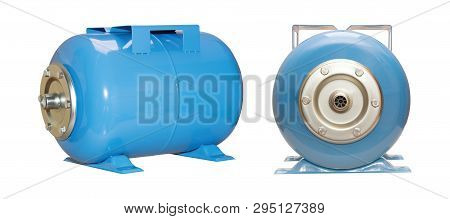 Blue Color, Hydroaccumulator, Water Tank. Isolate White Background. Metalic Legs. Set Two. View Side