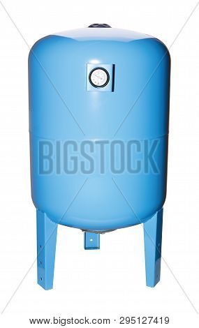 Blue Color, Hydroaccumulator, Water Tank. Isolate White Background. Pressure Meter. View Side Front.