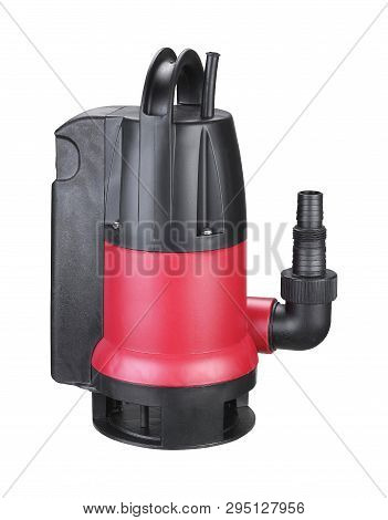Red Plastic Drainage Pump Pumping Water, With Automatic Built-in Shut-off Float, Isolated White Back