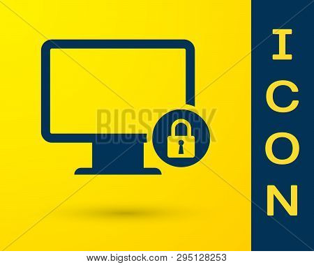 Blue Lock On Computer Monitor Screen Icon Isolated On Yellow Background. Monitor And Padlock. Securi