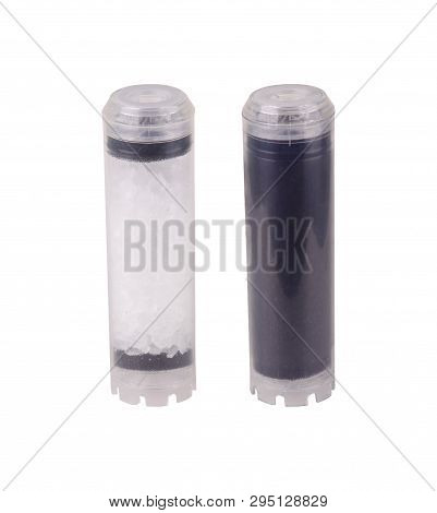 Set Of Filters Isolated White Background. Foamed, Pressed Coal, Granulated, Cation Exchange Resin, C