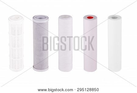 Set Filters Isolated White Background. Polypropylene Foamed Pressed Granulated Carbon Cation Exchang