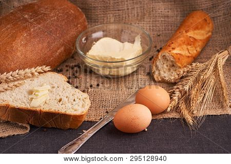 Breads And Butter Concept Of Teasty Home Food Close Up On Table