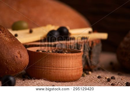 Bowl Of Various Pepper Peppercorns Seeds Mix On Table Rastic Style Background