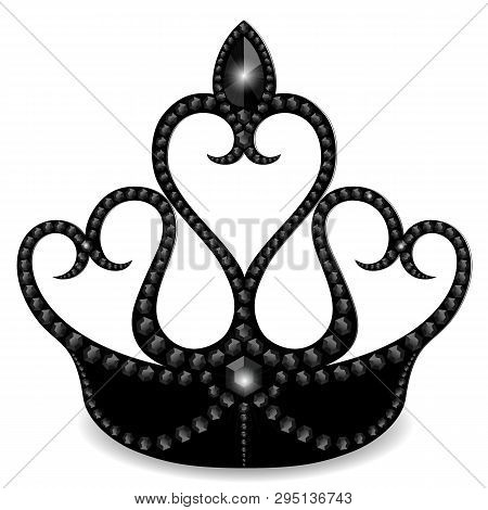 Black Crown Decorated With Stones, Isolated On A White Background. Vector Illustration.