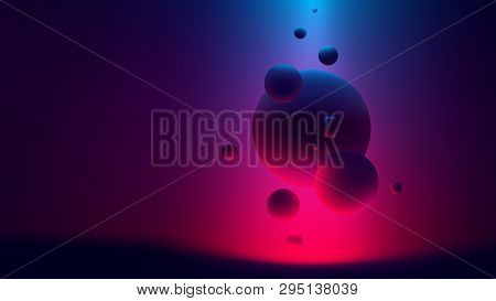 Soaring Spheres On The Background Of Ultraviolet Light, Red-blue Reflex On Geometric Shapes, Cyberpu