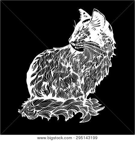 An Illustration Of A Cat In Profile. Black And White Drawing Of A Cat. Chalk On A Blackboard
