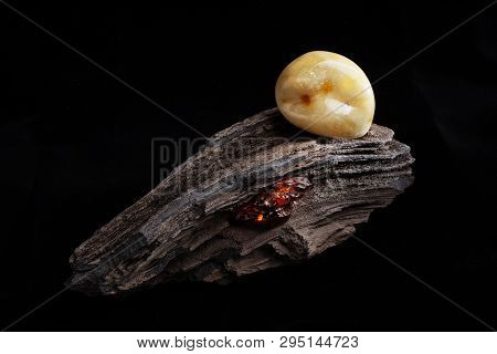 Natural Amber. A Piece Of Yellow Opaque Natural Amber On Large Piece Of Dark Stoned Wood.