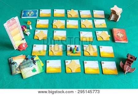 Moscow, Russia - April 3, 2019: Starting Position Of Forbidden Desert Cooperative Board Game (russia