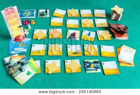 Moscow, Russia - April 3, 2019: Gameplay In Forbidden Desert Cooperative Board Game (russian Edition